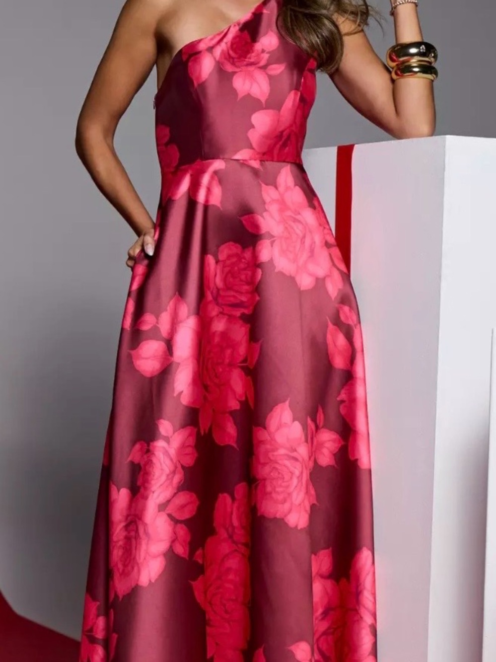 Boston Proper One-Shoulder Floral Satin Gown in Red and Pink